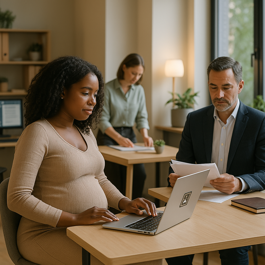 A pregnant Black woman is working on a laptop in a bright, modern co-working space. She is sharing a desk with her partner, a middle-aged white man, who is assisting her with some paperwork. In the background is another business owner, a director, who stands confidently while signing some documents. She is a white woman wearing a light coloured blouse and has a short cropped bob.